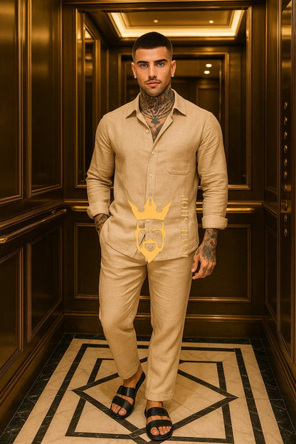 Men’s premium Pure linen Outfit Set – Long Sleeve Shirt & Pants in 100% linen
