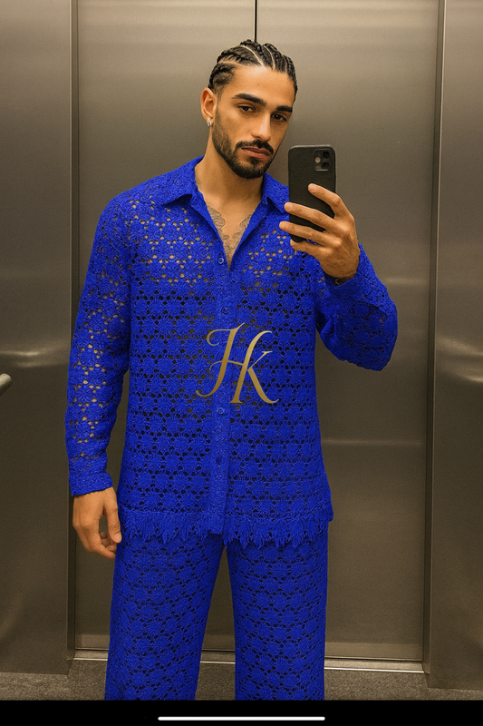 Men’s Luxury Embroidered Set – Water-Soluble Sequin Cotton Lace Shirt & Pants
