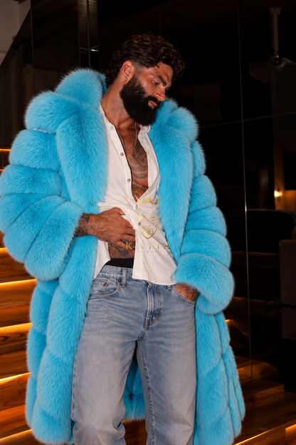 Men’s Light Blue Long Fox Fur Coat – Genuine Natural Fur Premium Winter Outwear