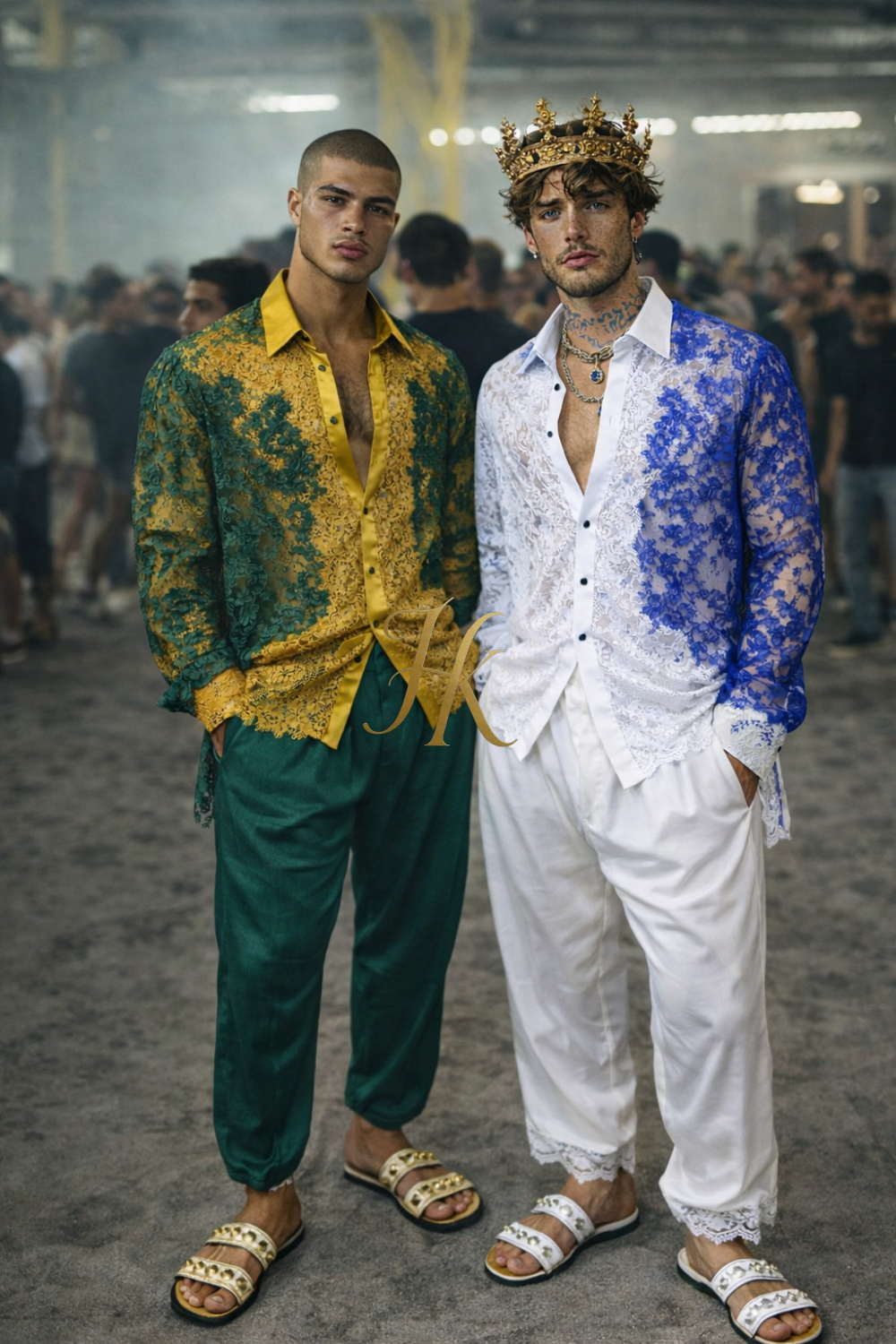 Men’s Contemporary Lace & Cotton Ensemble – Long Sleeve Shirt and Pants