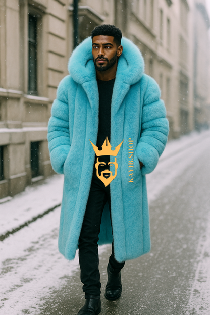 Men’s Light Blue Long Fox Fur Coat – Genuine Natural Fur Luxury Winter Outwear