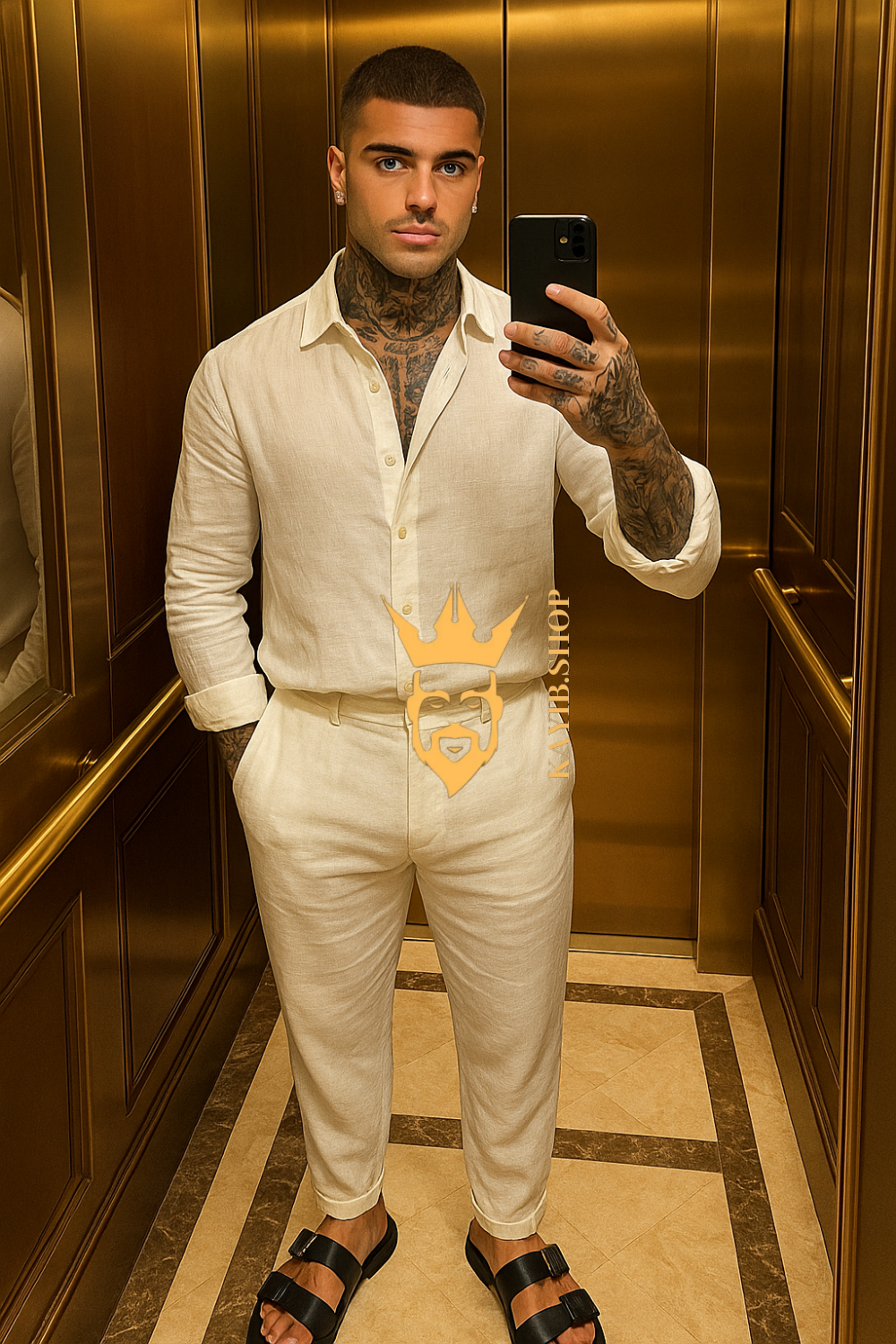 Men’s Luxury Pure Wool Outfit Set – Long Sleeve Shirt & Pants in 100% linen