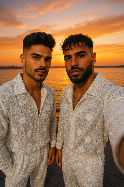 Men’s Luxury French Embroidered Lace Set – Handmade Pearls & Sequins Tulle Shirt and Pants