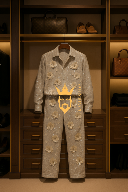 Men’s Luxury Silver Sequin Lace Set – Handmade Embroidered Net Fabric Shirt & Pants