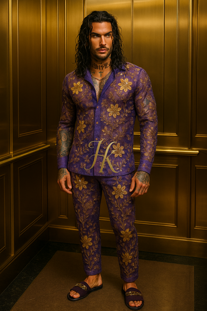 Men’s Luxury Lace Set – Beaded & Sequined Mesh Embroidered Shirt and Pants