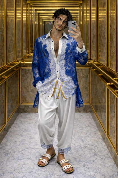 Men’s Elegant Lace & Cotton Set – Long Sleeve Shirt with Tailored Pants