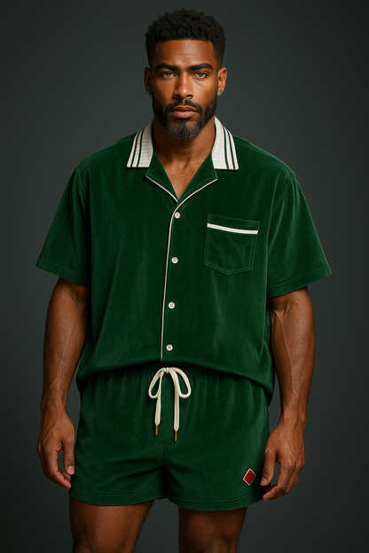 Men’s Velvet Shirt & Shorts Set with Turn-Down Collar