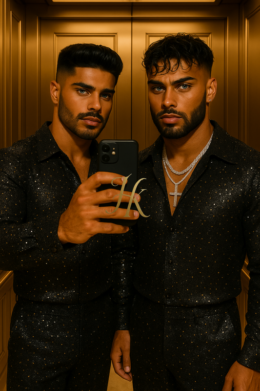 Men’s Premium Glitter Set – Hot Stamped Diamond Net Fabric Shirt & Pants