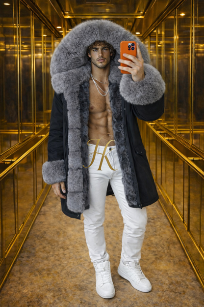 MEN’S LUXURY FOX FUR PARKA – BLACK & GREY EDITION