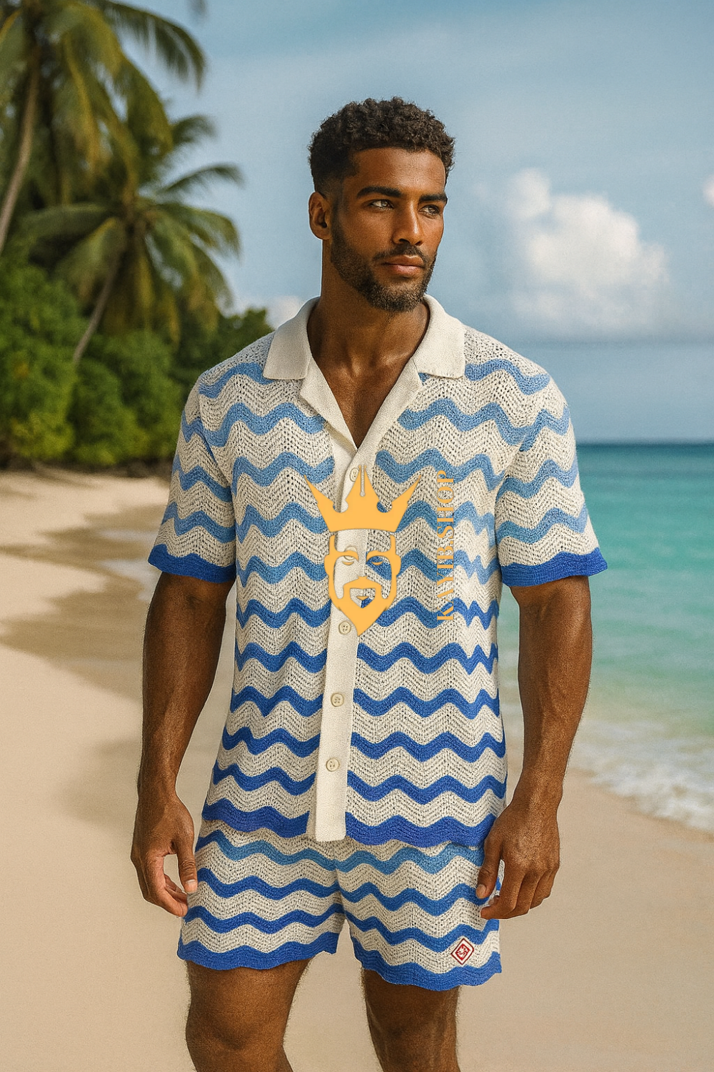Trendy Knitted Wool Shirt with Wave Pattern & Collar set 2pcs