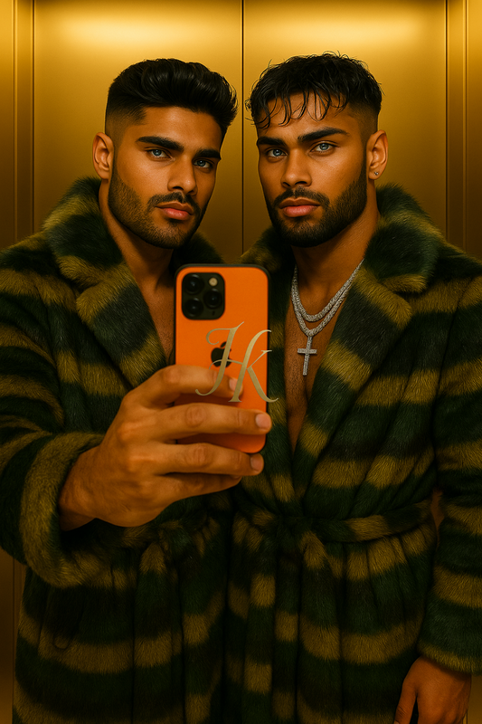 Men’s Luxury Colorful Striped Faux Fox Fur Coat – Thick Warm Shaggy Belted Winter Overcoat