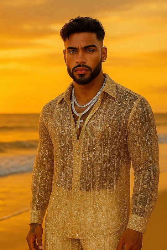 Men’s Luxury Champagne Gold Lace Set – Beaded & Sequined Mesh Embroidered Shirt and Pants