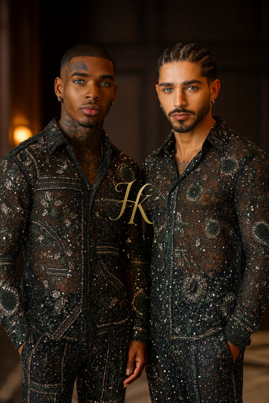 Men’s Luxury Beaded Lace Set – French Tulle with Pearls & Sequins Shirt and Pants