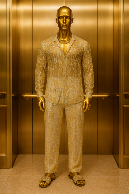 Men’s Luxury Champagne Gold Lace Set – Beaded & Sequined Mesh Embroidered Shirt and Pants