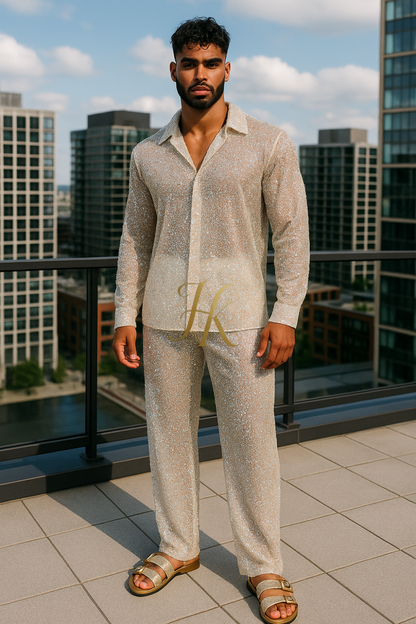 Men’s Luxury Embroidered Lace Set – Handmade Beaded Net Fabric with Sequins (High-End Couture Design)