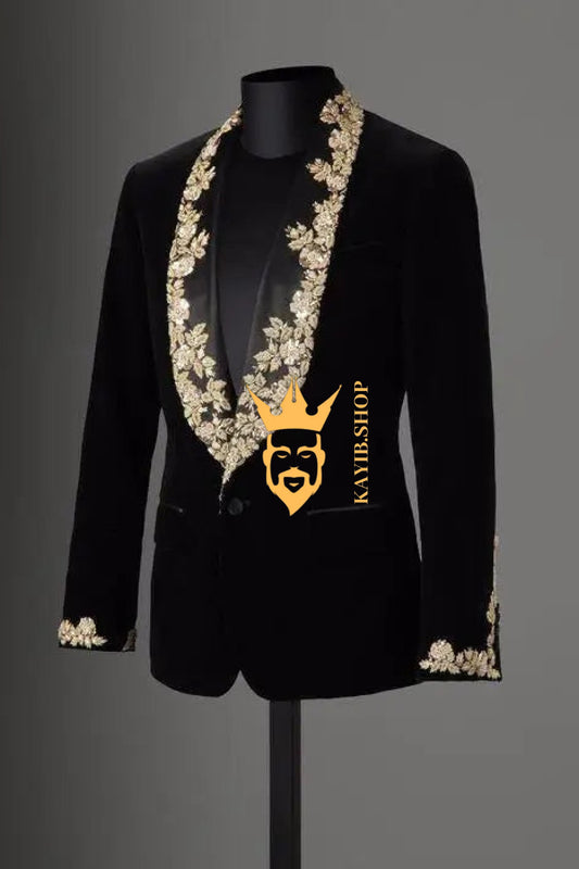 Luxury Handmade Custom velvet blazer Men's Suit with Sheer Velvet Lapel - Elevate Formal Style