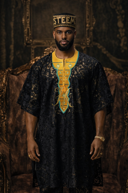 Yoruba Majesty: 2 Piece Men's African Dress Set in Regal Black