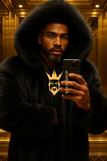 Luxury Men’s Black Fox Fur Hooded Coat – Winter Warm Jacket Outerwear