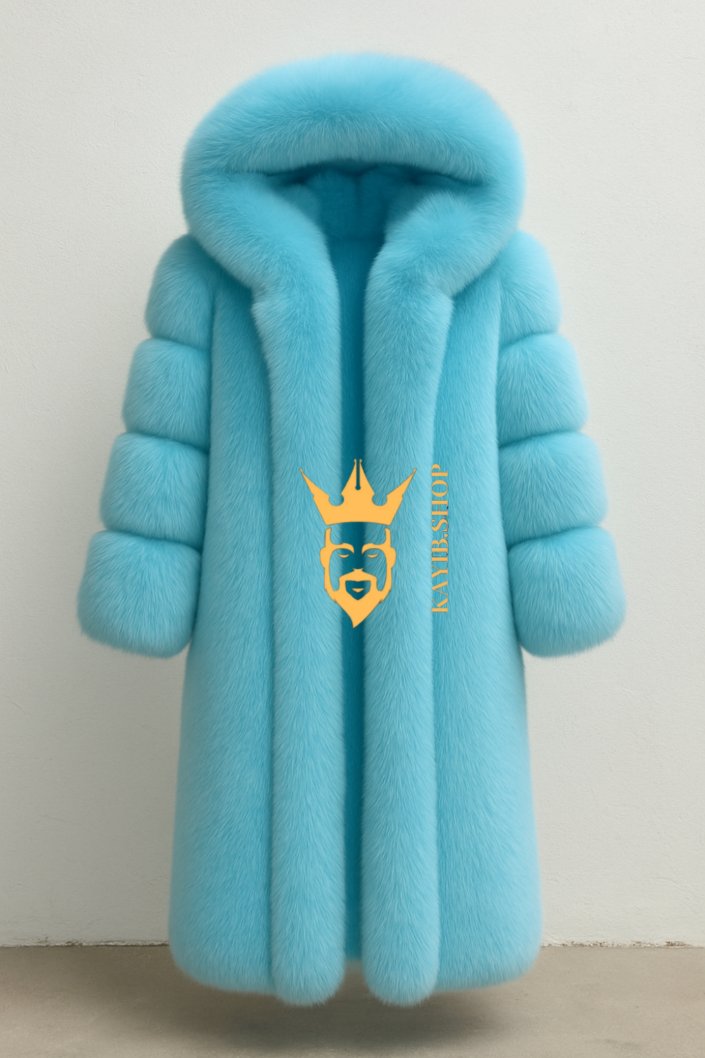 Men’s Light Blue Long Fox Fur Coat – Genuine Natural Fur Luxury Winter Outwear