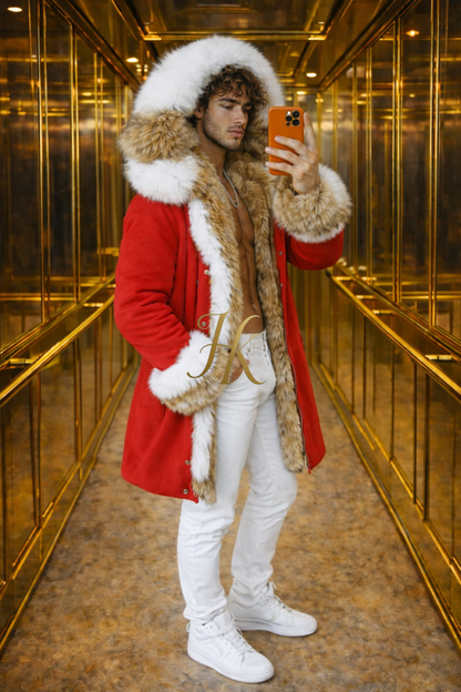 MEN’S LUXURY FOX FUR PARKA – RED & WHITE EDITION