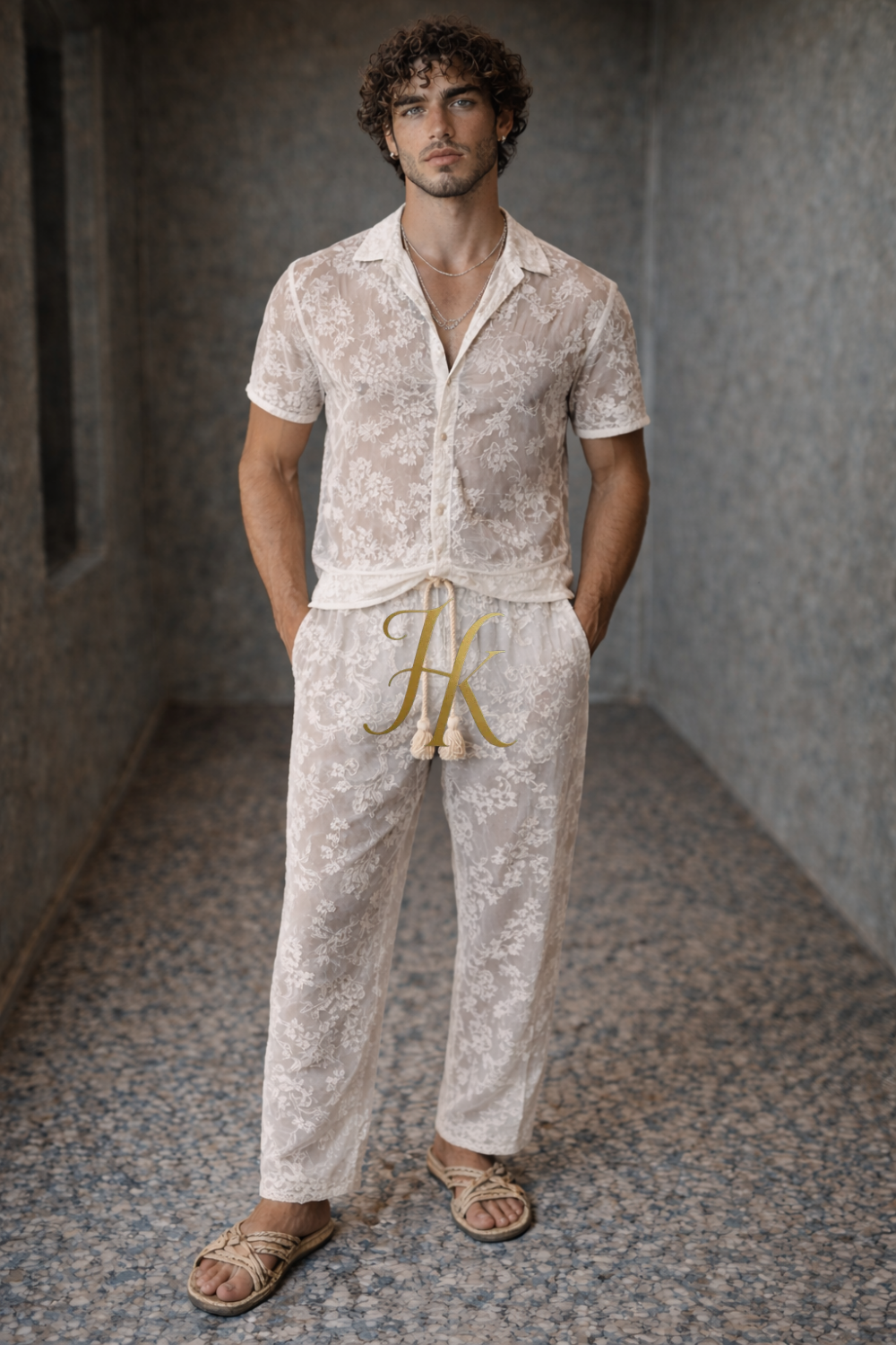 Ivory Lace Summer Set – Men’s Shirt & Pants Ensemble