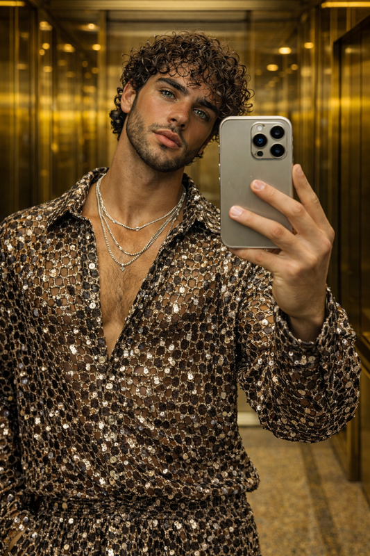 Velour Nights Mesh Shirt – Champagne Gold Elegance