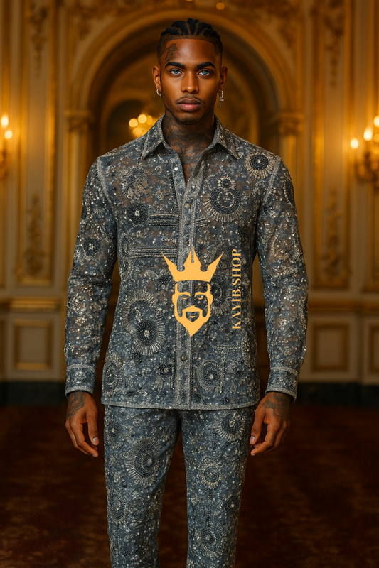 Men’s Luxury Beaded Lace Set – French Tulle with Pearls & Sequins Shirt and Pants