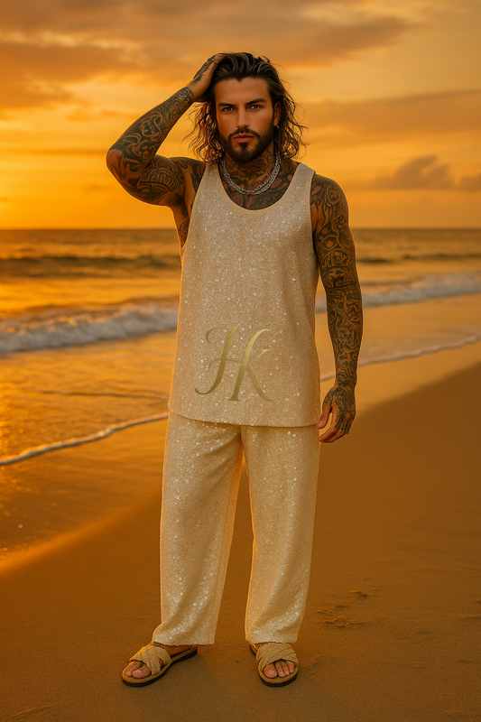 Men’s Luxury Ivory Velvet Set – Stretch Sequin Fabric Tank Top & Pants