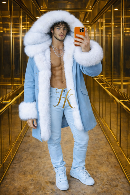 MEN’S LUXURY FOX FUR PARKA – ICE BLUE EDITION