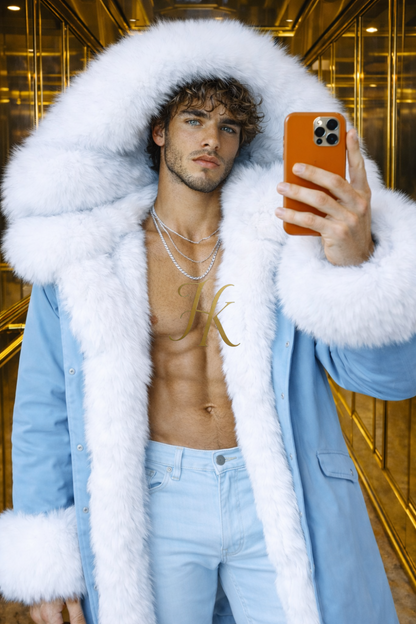 MEN’S LUXURY FOX FUR PARKA – ICE BLUE EDITION