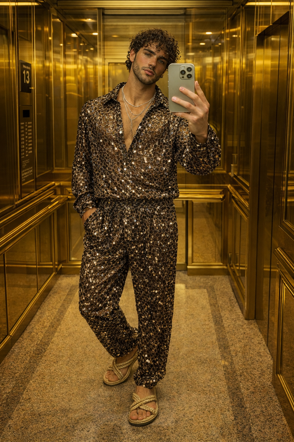 Velour Nights Mesh Shirt – Champagne Gold Elegance