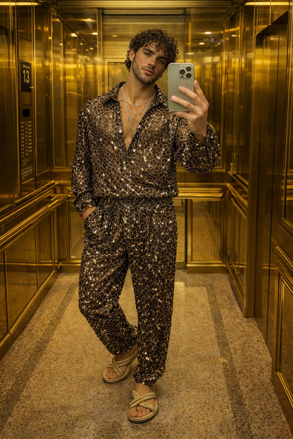 Velour Nights Mesh Shirt – Champagne Gold Elegance