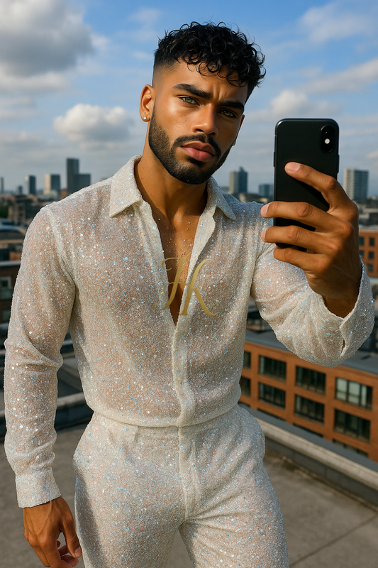 Men’s Luxury Embroidered Lace Set – Handmade Beaded Net Fabric with Sequins (High-End Couture Design)