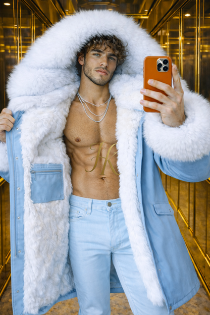 MEN’S LUXURY FOX FUR PARKA – ICE BLUE EDITION