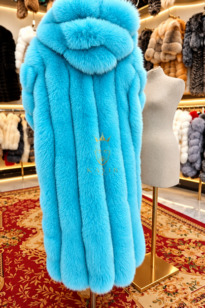 Men’s Light Blue Long Fox Fur Coat – Genuine Natural Fur Premium Winter Outwear