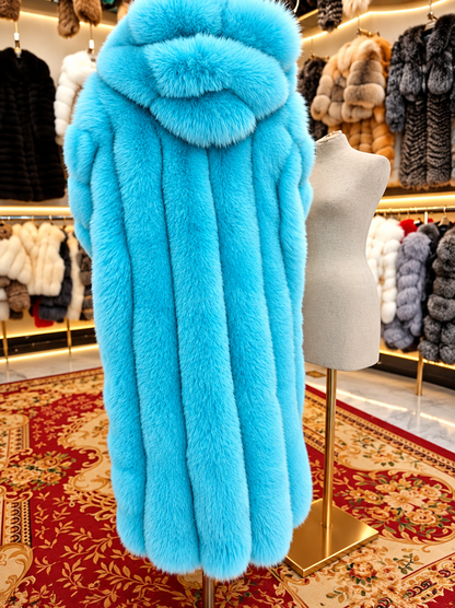 Premium Light Blue Long Fox Fur Coat – Genuine Natural Fur Winter Outwear