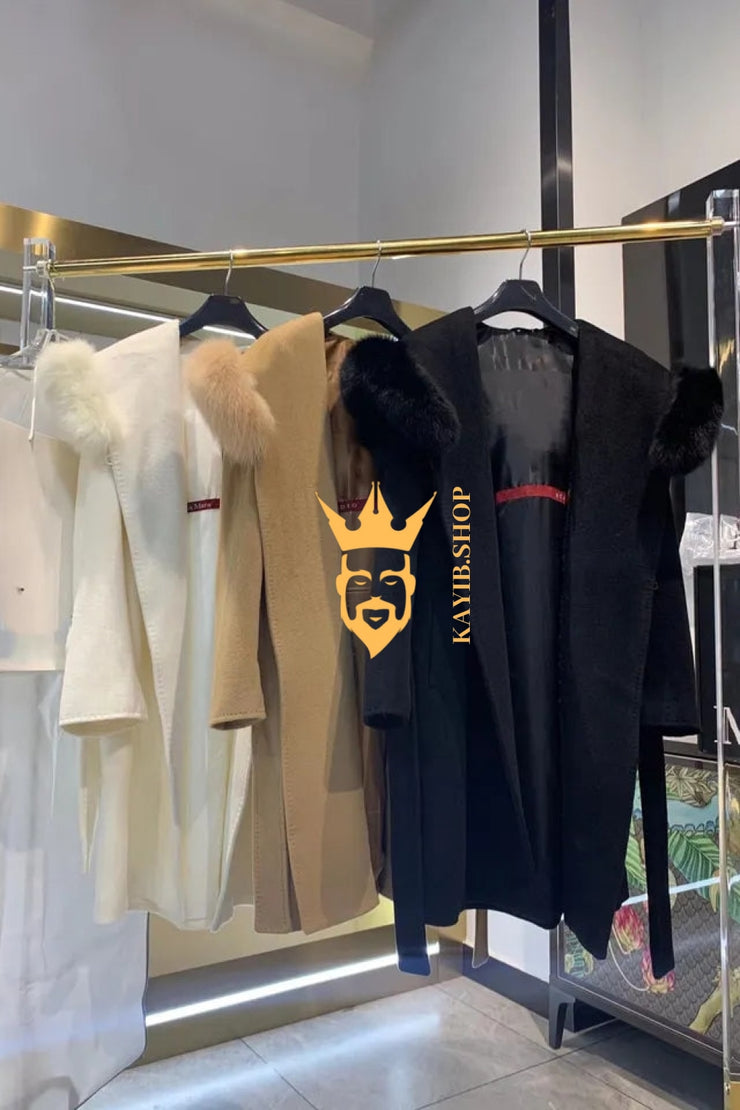 Teddy genuine wool sheepskin Luxury Coat with fox fur collar- Stay Warm and Stylish in this Ethically Produced Fur Coat - kayibstrore