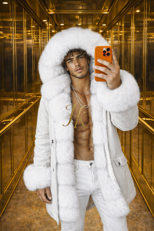 Men’s Luxury White Fox Fur Parka – Waterproof Long Winter Coat