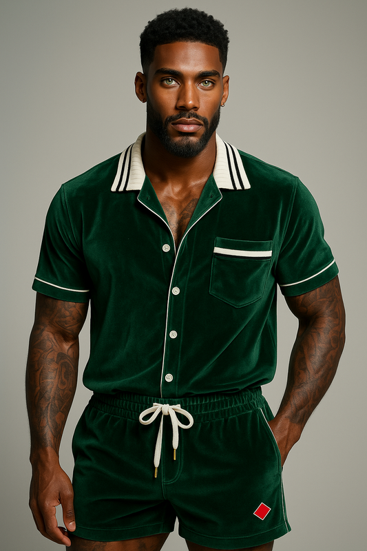 Men’s Velvet Shirt & Shorts Set with Turn-Down Collar