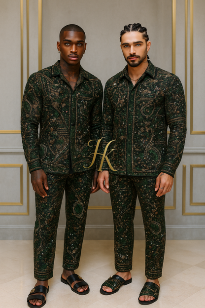 Men’s Luxury Beaded Lace Set – French Tulle with Pearls & Sequins Shirt and Pants