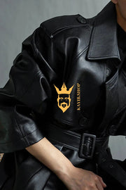Autumn Elegance: Extra Long Oversized Black Faux Leather Trench Coat for Women - Trendsetting Fashion with Double-Breasted Style, Long Sleeves, and Cinch Belt - kayibstrore