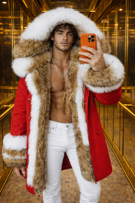 MEN’S LUXURY FOX FUR PARKA – RED & WHITE EDITION