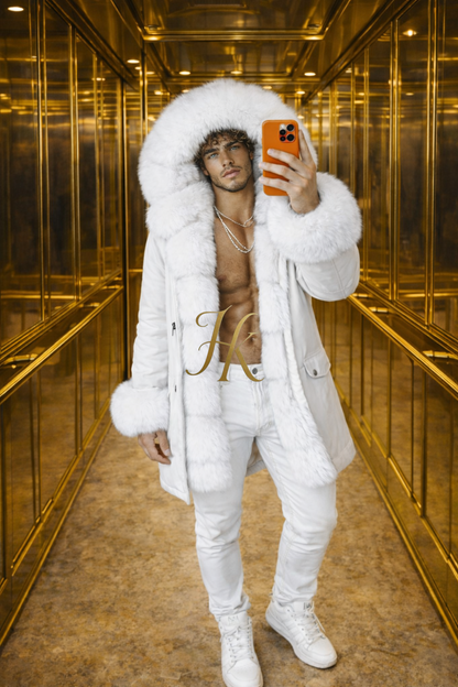 Men’s Luxury White Fox Fur Parka – Waterproof Long Winter Coat