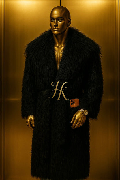 Men’s Extra Long Black Faux Fur Coat – Thick Warm Shaggy Fluffy Mongolian Style Winter Jacket