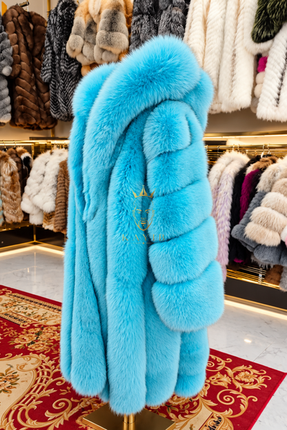 Men’s Light Blue Long Fox Fur Coat – Genuine Natural Fur Premium Winter Outwear