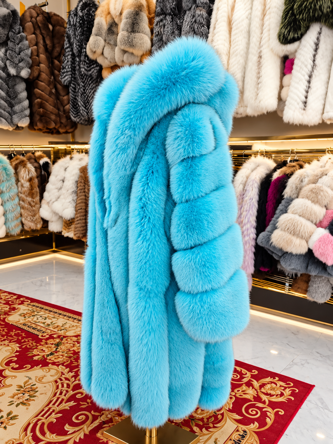 Premium Light Blue Long Fox Fur Coat – Genuine Natural Fur Winter Outwear
