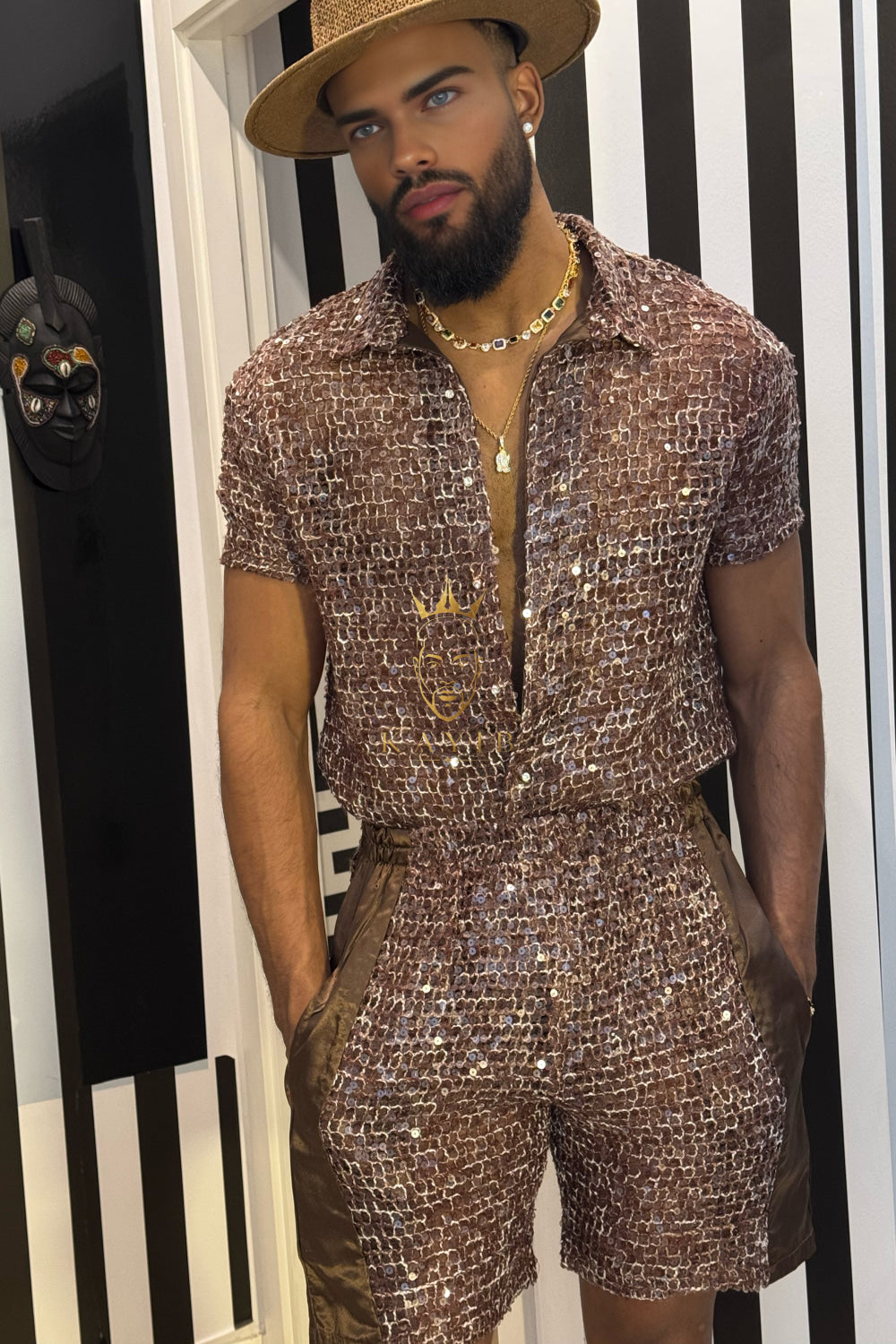 Velour Nights Mesh Shirt – Champagne Gold Elegance