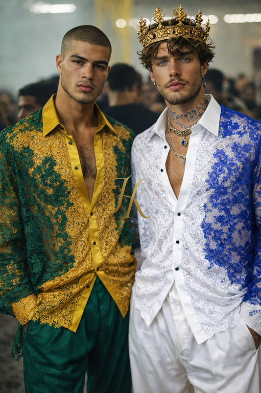 Men’s Contemporary Lace & Cotton Ensemble – Long Sleeve Shirt and Pants