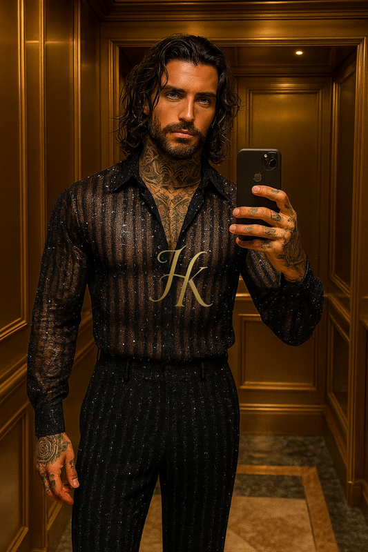 Men’s Premium Lace Set – French Tulle with Sequins & Beaded Embroidery Shirt and Pants