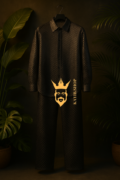 Men’s Metallic Mesh Outfit Set – 3D Foil Textured Shirt & Pants in Luxury Interwoven Fabric